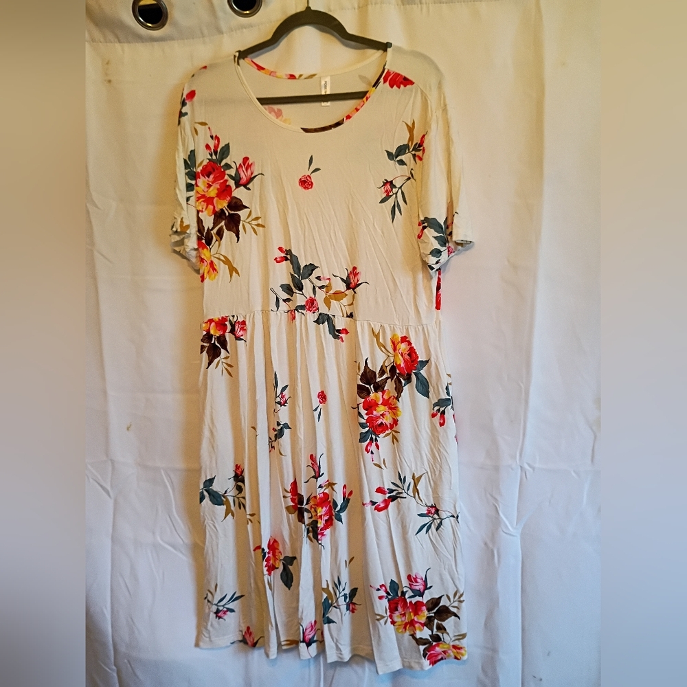 Poseshe Size 3xl Floral Cream Midi Dress with Pink Red & Yellow Floral Pattern.